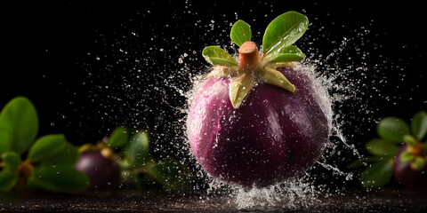 Mangosteen fruit splash on black background, tropical exotic fruit also known as queen of fruits or garcinia mangostana with water burst, vibrant antioxidant-rich natural superfood