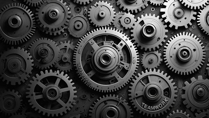 Detailed close up of interlocking mechanical gears representing collaboration and teamwork