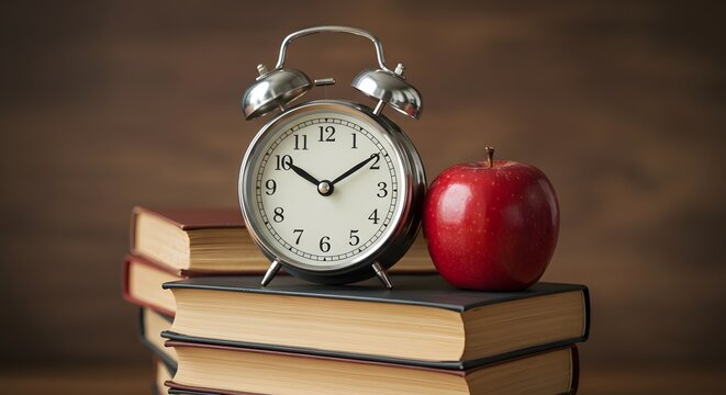 Time for Learning: A classic alarm clock sits atop a stack of books next to a ripe red apple, symbolizing the start of a productive day of study or work.