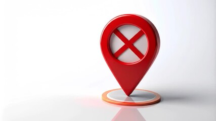 3D animation of a red location pin with a cross rotating on a white background