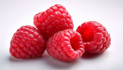 three fresh ripe raspberries are depicted against a clean white background showcasing their vibrant color and unique textures