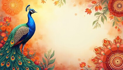 Watercolor illustration of vibrant peacock with mandala, floral elements. Features peacock feather design with abstract doodle background, perfect for Diwali festival themes. Ornamental Indian