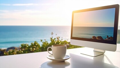 Work setup with a desktop computer and coffee cup overlooking a serene beach evoking remote work, digital nomad lifestyle, and productivity in nature