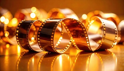 Cinematic film strip under warm lighting, ideal for movie industry content, retro themes or film festival advertising
