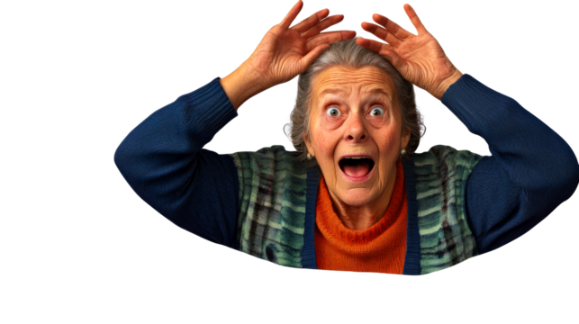 Astonished senior woman, hands on head, wide open mouth, cut out transparent
