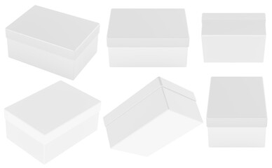 Rectangular boxes with lids isolated in various angles. Clean white packaging mockup for branding, storage, or product design. 3D rendering