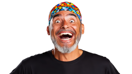 Excited Latino man shouting, wearing colorful head wrap, cut out transparent