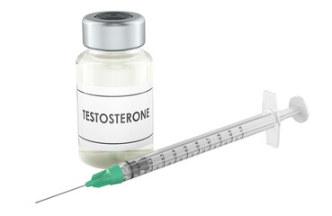 Testosterone vial and syringe, 3D rendering isolated on transparent background