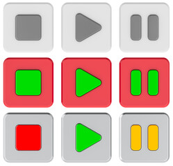 Media control buttons set in different colors. 3D rendering