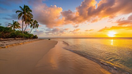 Golden sunset on a tropical beach with palm trees and calm ocean