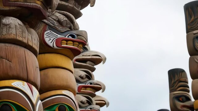 Detailed carvings of a totem pole exhibit intricate animal faces and cultural designs against a bright sky background.