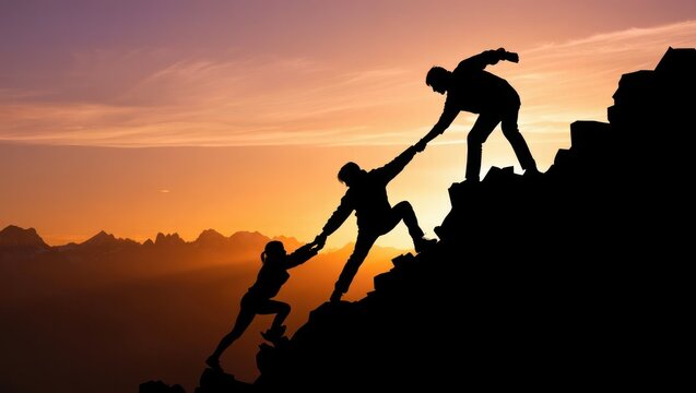 Team helping each other to climb mountain at sunset silhouette