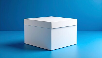 Close up of a white box mock up template on blue background.