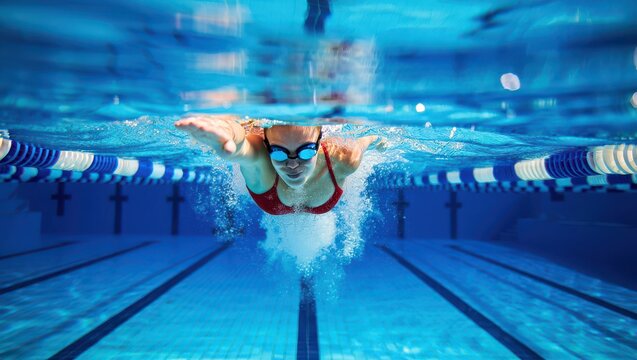 Female swimmer in red swimsuit swims crawl underwater in pool