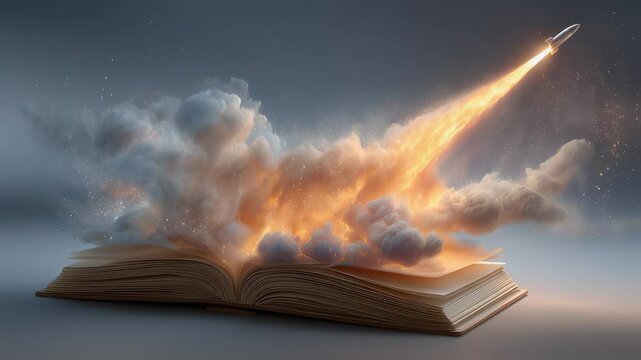 World book day 3D animation. Open book with its pages transforming into clouds and fire as a rocket emerges at high speed