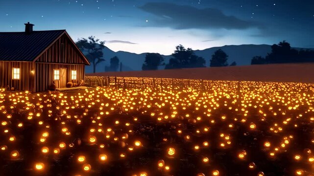 Festive Halloween pumpkins illuminated in field at night with illuminated windows in small farmhouse background for seasonal greetings.