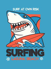 Stylized graphic of a menacing shark holding a surfboard in blue and orange