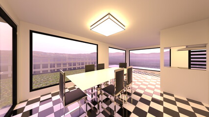 大きな窓があるリビングルーム　3DCGレンダリング