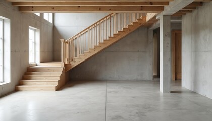 Spacious unfinished interior concrete walls, wooden stairs, ready for customization. Empty room for modern design. Architecture, renovation project, new home, workshop.