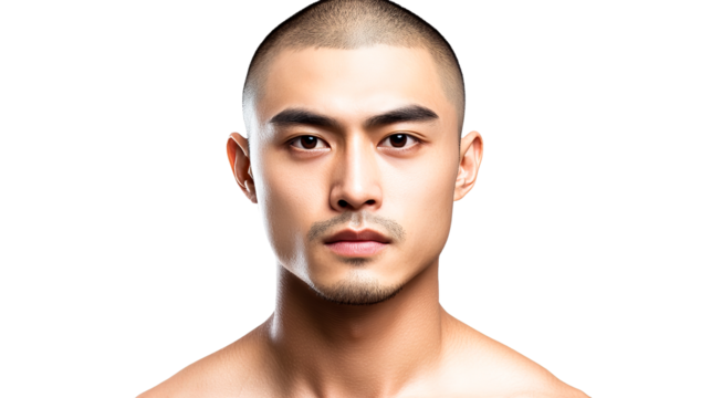 Intense Asian man portrait, close up, expressionless face, cut out transparent
