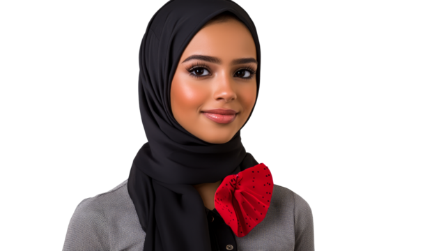 Arab woman in hijab looking at camera, head and shoulders, cut out transparent