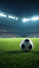 Fototapeta premium Soccer ball on the green field with stadium lights illuminating the background. Sport equipment, game play. Competition, championship. Night match atmosphere.