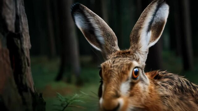 Attentive wild hare with brown fur and long ears poses near tree trunk in dim forest, observing the surroundings with curiosity