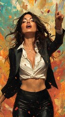 A confident woman of Asian descent strikes a powerful pose against a vibrant, abstract background, exuding energy and determination in a stylish suit.