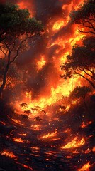 A mesmerizing digital painting of wild horses fleeing through a forest engulfed in flames, showcasing vibrant reds and oranges amidst dark silhouettes of trees.