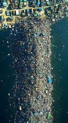 An aerial view of a densely populated area with extensive waste accumulation along the water, showcasing a striking contrast between human habitation and environmental impact.
