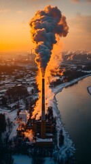 Aerial view of a power plant emitting thick smoke against a backdrop of a glowing sunset. The contrasting colors highlight the impact of industry on the natural landscape.