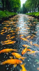 A vibrant scene of orange koi fish swimming in a serene, tree-lined river, reflecting the calmness of nature during a sunny day.