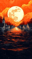 A surreal scene of a flooded village under a massive orange moon, with dark clouds swirling in the sky. The houses reflect in the water, creating an eerie atmosphere.
