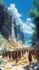 A vibrant gathering of Indigenous people walking together through a sunlit valley, surrounded by towering cliffs and lush greenery, evoking a sense of community and nature's beauty.