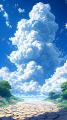 A breathtaking, vibrant landscape featuring towering cumulus clouds against a deep blue sky, with a cracked earth path leading towards the horizon surrounded by lush greenery.