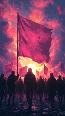 Silhouetted figures march together, holding vibrant red flags against a dramatic sunset background, evoking a sense of unity and determination in a powerful demonstration.