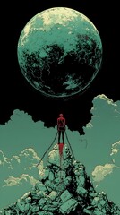 A silhouetted figure stands triumphantly atop a rocky peak, tethered to a distant moon by chains. The scene contrasts dark clouds with vibrant teal and red hues