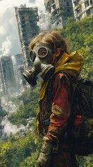 A young Caucasian girl wearing a gas mask and a yellow jacket stands amidst an overgrown urban landscape, embodying resilience in a post-apocalyptic setting.