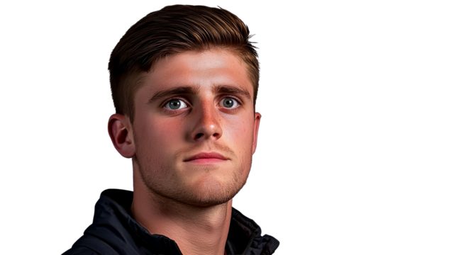 Young man portrait gazing upwards, hopeful expression, cut out transparent