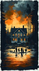 A haunting scene featuring five silhouetted figures standing by a lake, gazing at a glowing house amid fiery clouds at dusk, evoking a mysterious, eerie atmosphere.