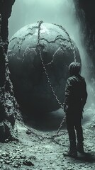 A solitary figure stands before a massive, cracked sphere bound by chains in a dimly lit cavern, evoking a sense of mystery and solitude in a surreal, otherworldly setting.