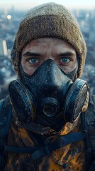 A young male wearing a worn-out gas mask and a dirty yellow jacket stands atop a building, gazing intensely at the cityscape, evoking a sense of resilience and survival.