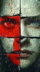 A striking close-up portrait of a young female with split facial features, one side painted in red while the other retains natural skin tones, evoking a sense of drama and contrast.