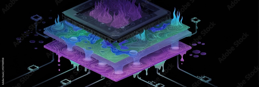 Aufkleber illustration depicts cpu overheating and melting due to system overload with layers revealed