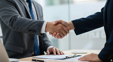Business handshake over signed document, partnership concept.