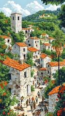 A vibrant illustration of a quaint Mediterranean village, showcasing stone houses with terracotta roofs, surrounded by lush greenery and people engaging in daily life.