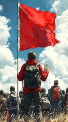 A young male, wearing a red jacket and carrying a backpack, stands tall with a red flag in hand, leading a diverse group of supporters against a bright, cloudy sky.
