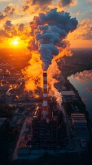 An aerial view of a large industrial smokestack releasing thick plumes of smoke into a colorful sunset sky, reflecting on a calm body of water, symbolizing the contrast of nature and industry.