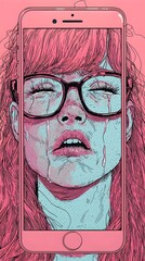 A vibrant illustration of a young woman with pink hair and glasses displayed on a smartphone screen, evoking emotions of sadness and introspection in a striking blue and pink color palette.