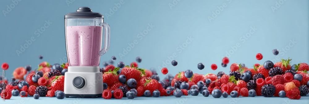 Aufkleber Fruit Smoothie Preparation With Blender and an Array of Fresh Berries on a Clean Surface